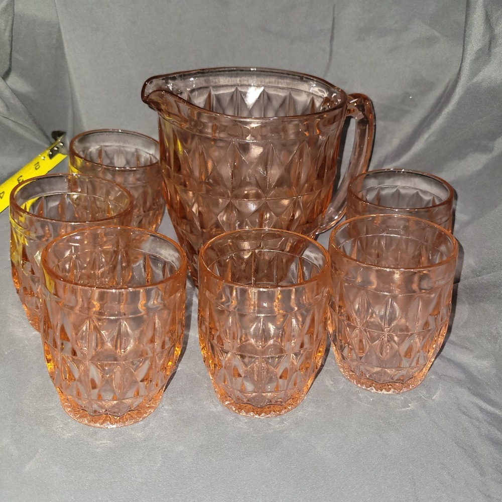 Jeannette "Windsor" Pink Depression Glass Pitcher Glasses Set Cups